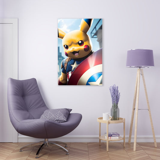 Acrylic print of Captain Americhu 1 hanging on a white door above a lavender chair, with a coordinating lavender-shaded lamp and a round coffee table featuring a coffee mug and lavender plant in a mason jar.