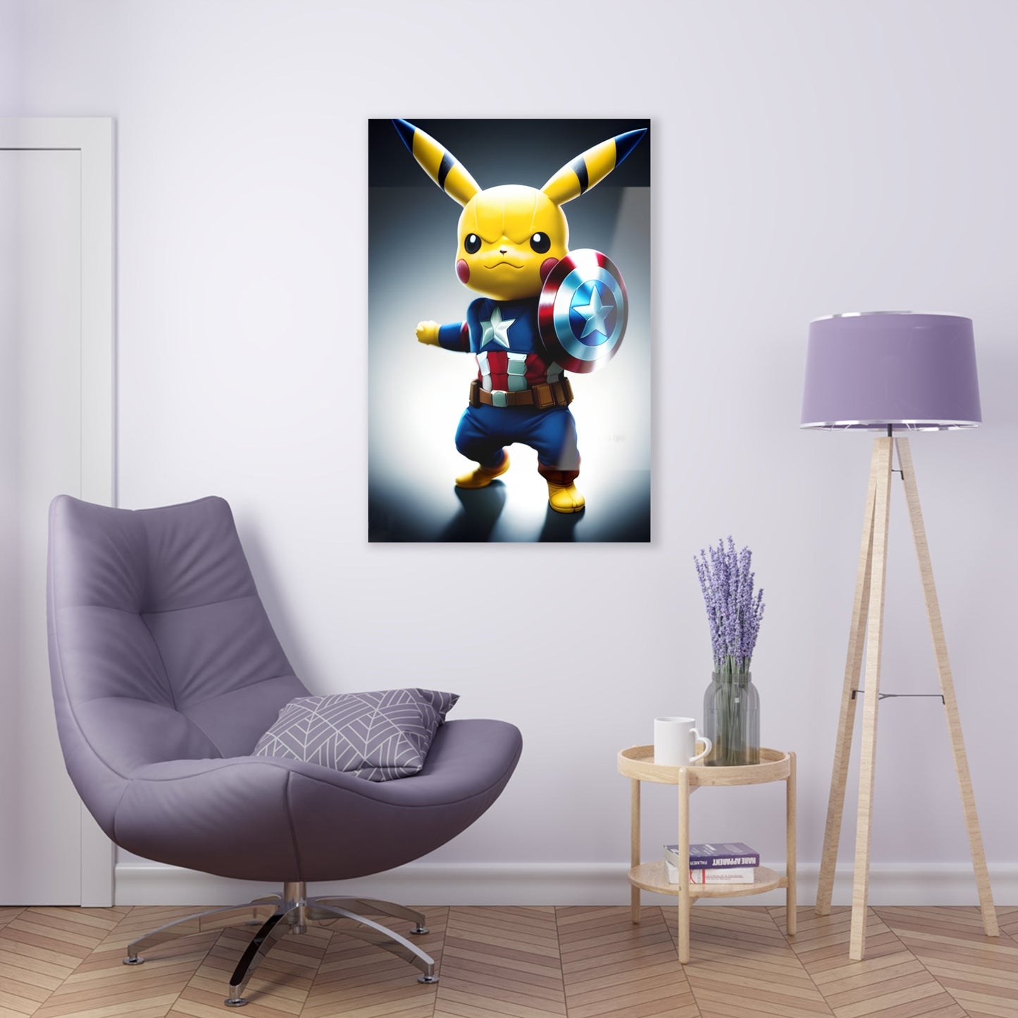Acrylic print of Captain Americhu 3 hanging on a white door above a lavender chair, with a coordinating lavender-shaded lamp and a round coffee table featuring a coffee mug and lavender plant in a mason jar.