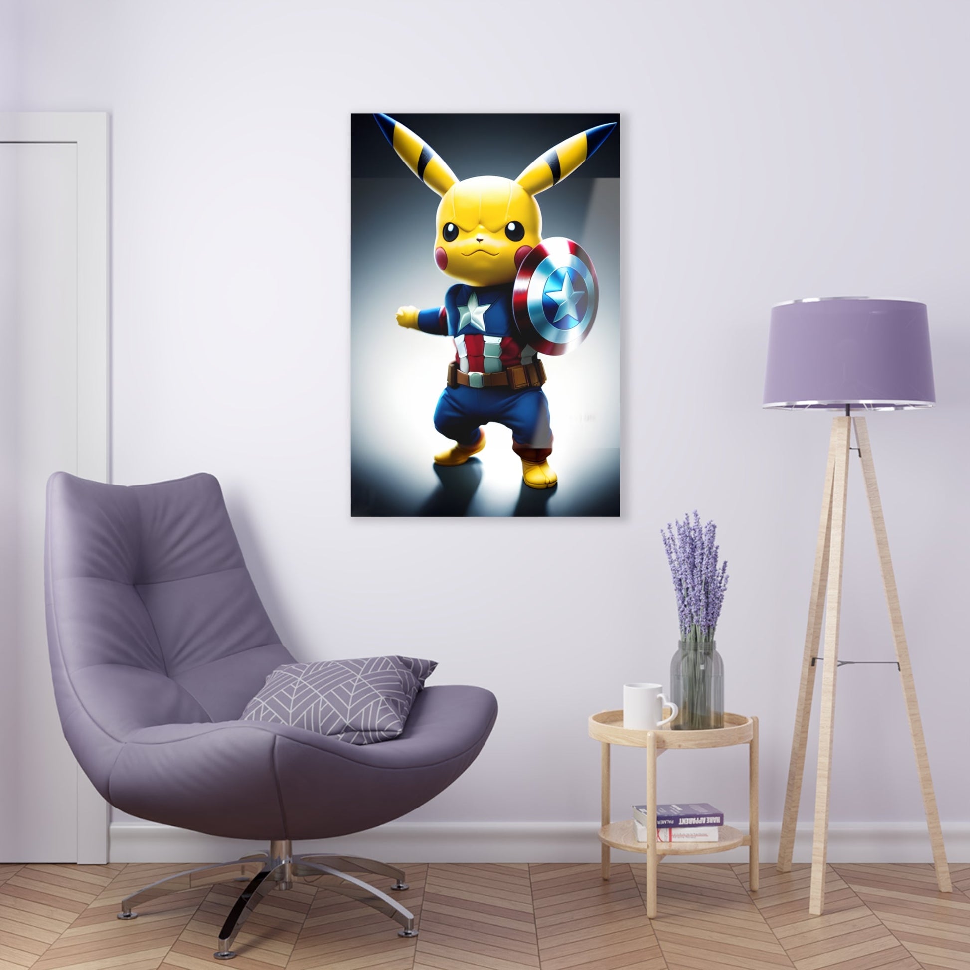 Acrylic print of Captain Americhu 3 hanging on a white door above a lavender chair, with a coordinating lavender-shaded lamp and a round coffee table featuring a coffee mug and lavender plant in a mason jar.
