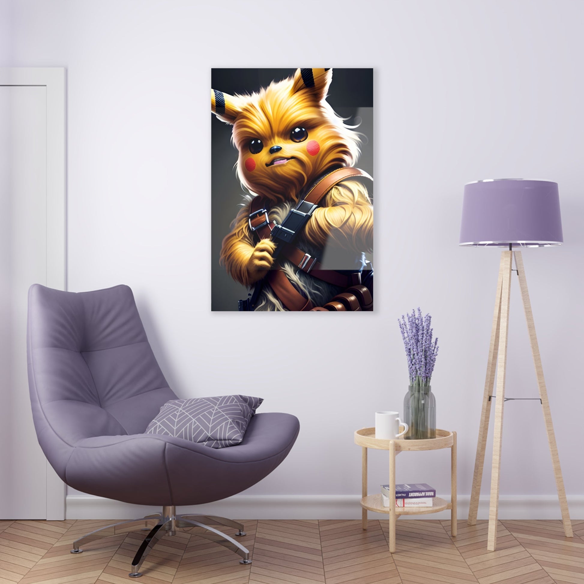 Chewbacchu Acrylic Print hanging on a white door above a lavender comfy chair, lamp with a lavender shade on it and a small round coffee table with a coffee mug and lavender plant in a mason jar.