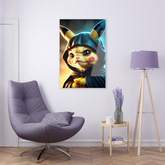 Emperchu  Acrylic Print hanging on a white door above a lavender comfy chair, lamp with a lavender shade on it, and a small round coffee table with a coffee mug and lavender plant in a mason jar.