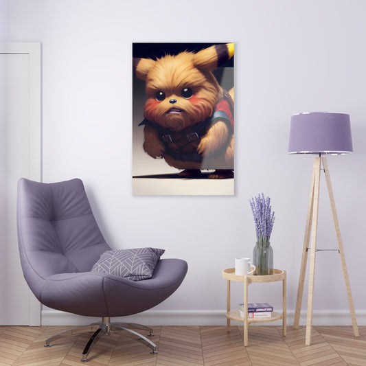 Ewotchu Acrylic Print hanging on a white door above a lavender comfy chair, lamp with a lavender shade on it, and a small round coffee table with a coffee mug and lavender plant in a mason jar.