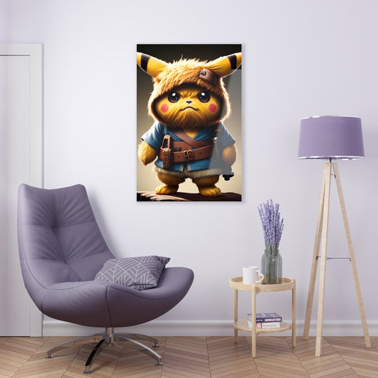 Ewotchu 2 Acrylic Print hanging on a white door above a lavender comfy chair, lamp with a lavender shade on it, and a small round coffee table with a coffee mug and lavender plant in a mason jar.