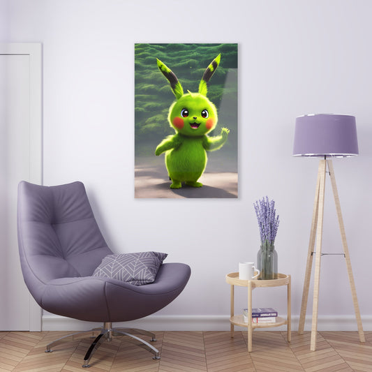 Grinchu Acrylic Print hanging on a white door above a lavender comfy chair, lamp with a lavender shade on it, and a small round coffee table with a coffee mug and lavender plant in a mason jar.